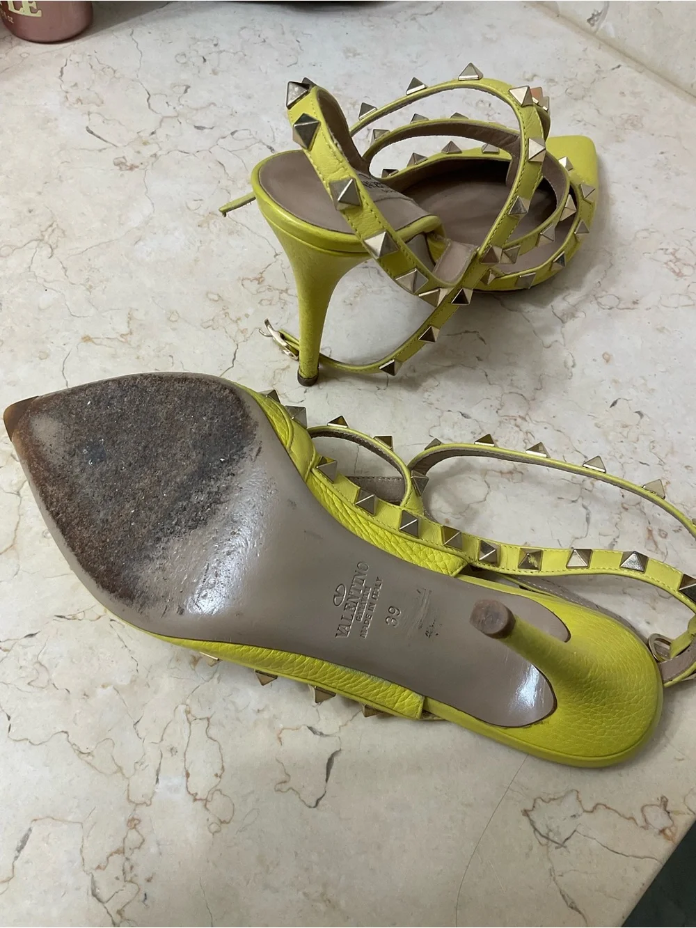 Valentino Lemon Yellow Rockstud Pointed-Toe Slingback Flats